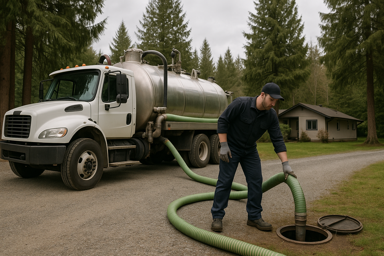 Septic service technician and vacuum truck on a Surrey-area acreage driveway during a routine service visit.