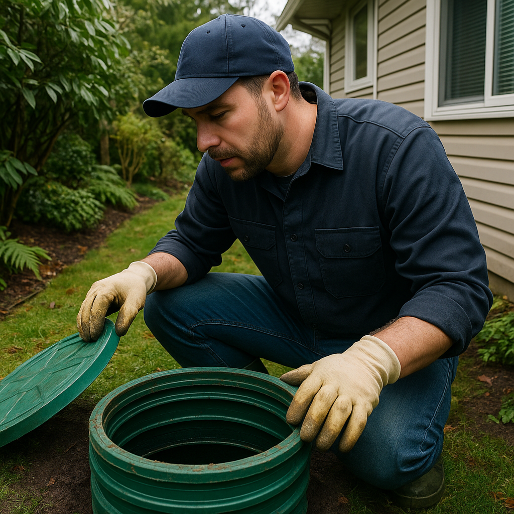 Technician inspecting a septic riser during a residential service visit in Surrey, BC.